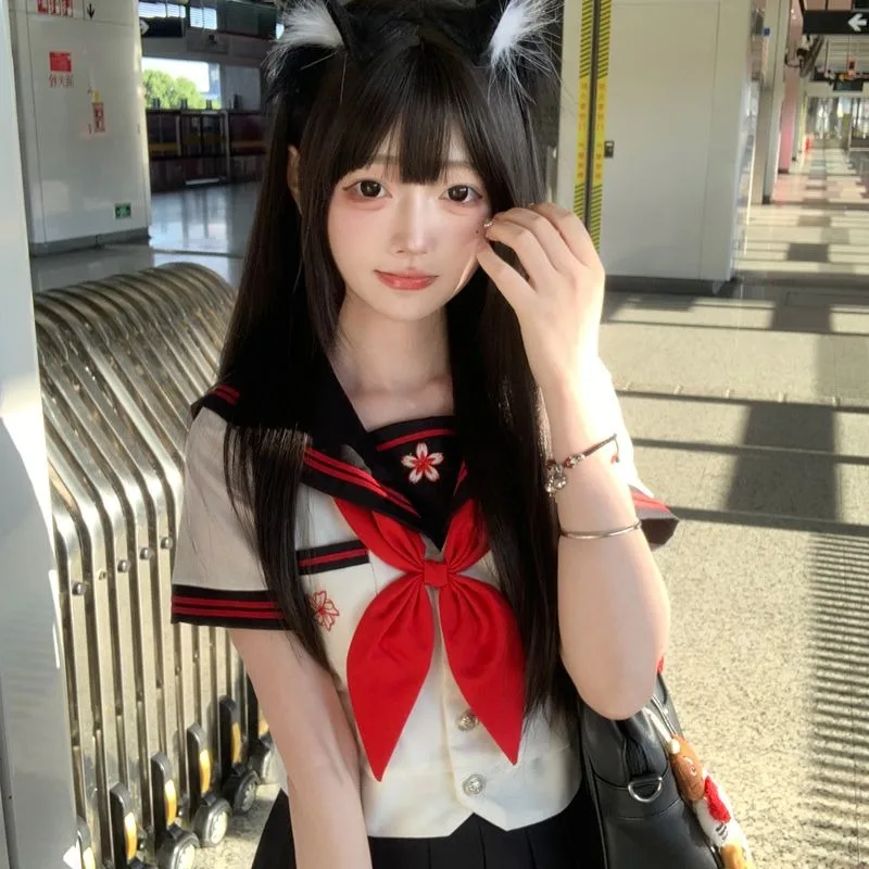 JK Uniform Sailor Suit Genuine Japanese College Style Basic Student Long-short-sleeved Suit Cyan Cute Role Play Summer Black Red