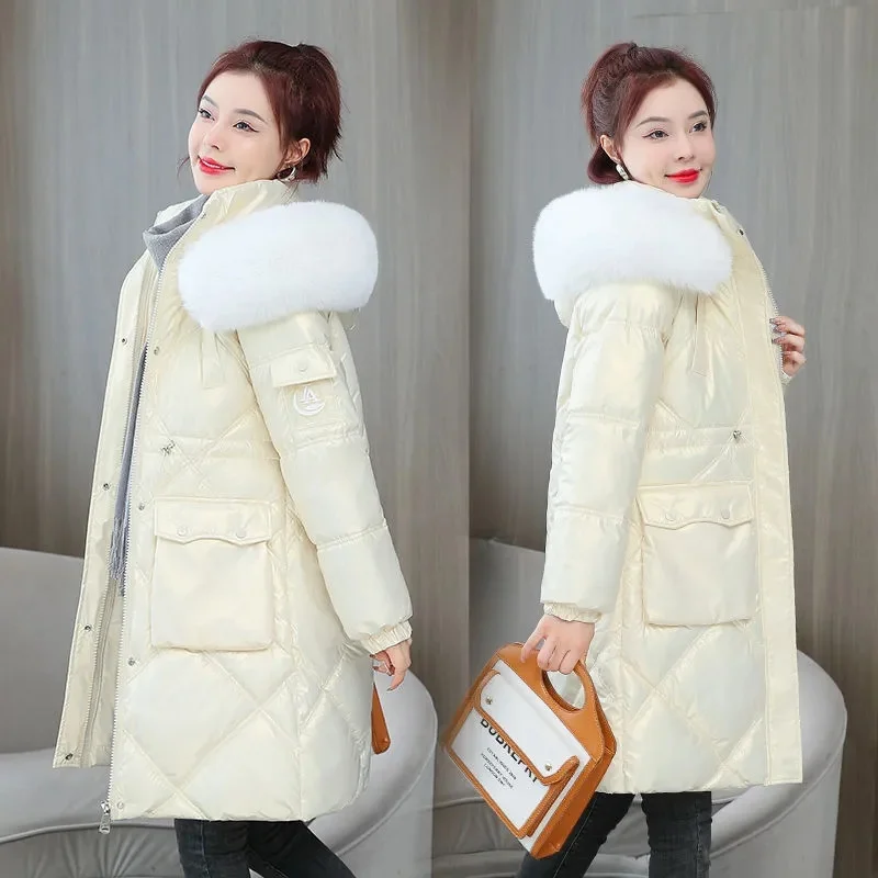 Champagne Winter Jacket Parkas Women Coat Fur Collar Hooded Overcoat Female Jacket Thick Warm Cotton Padded Puffer Parka Outwear