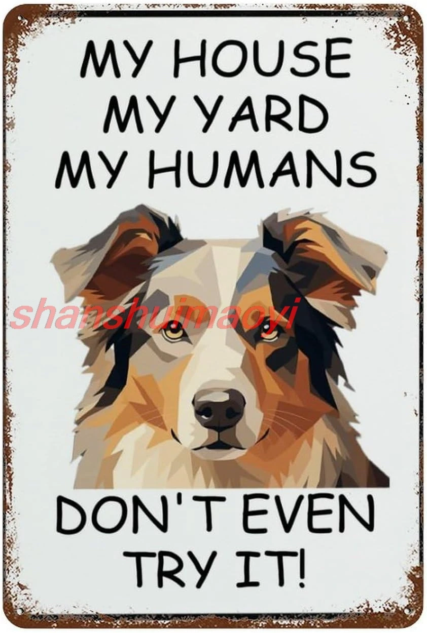 Funny Metal Tin Sign Australian Shepherd My House My Yard My Humans Pet Dog Retro Metal Signs Wall Decoration For Hom Wall  sign