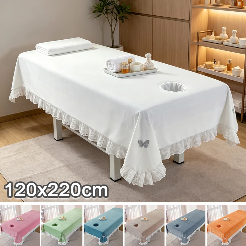 1PC Velvet Beauty Bed Sheet with Face Hole Ruffle Edge Massage Table Cover Soft Spa Salon Bed Cover for Beauty Massage Therapy