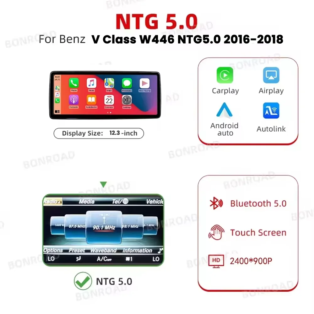 12.3“ 2400*900P Linux Multimedia Scherm Draadloze CarPlay Android Auto Voor Benz V Klasse W446 NTG5.0 2016-2018 GPS BT Autoradio