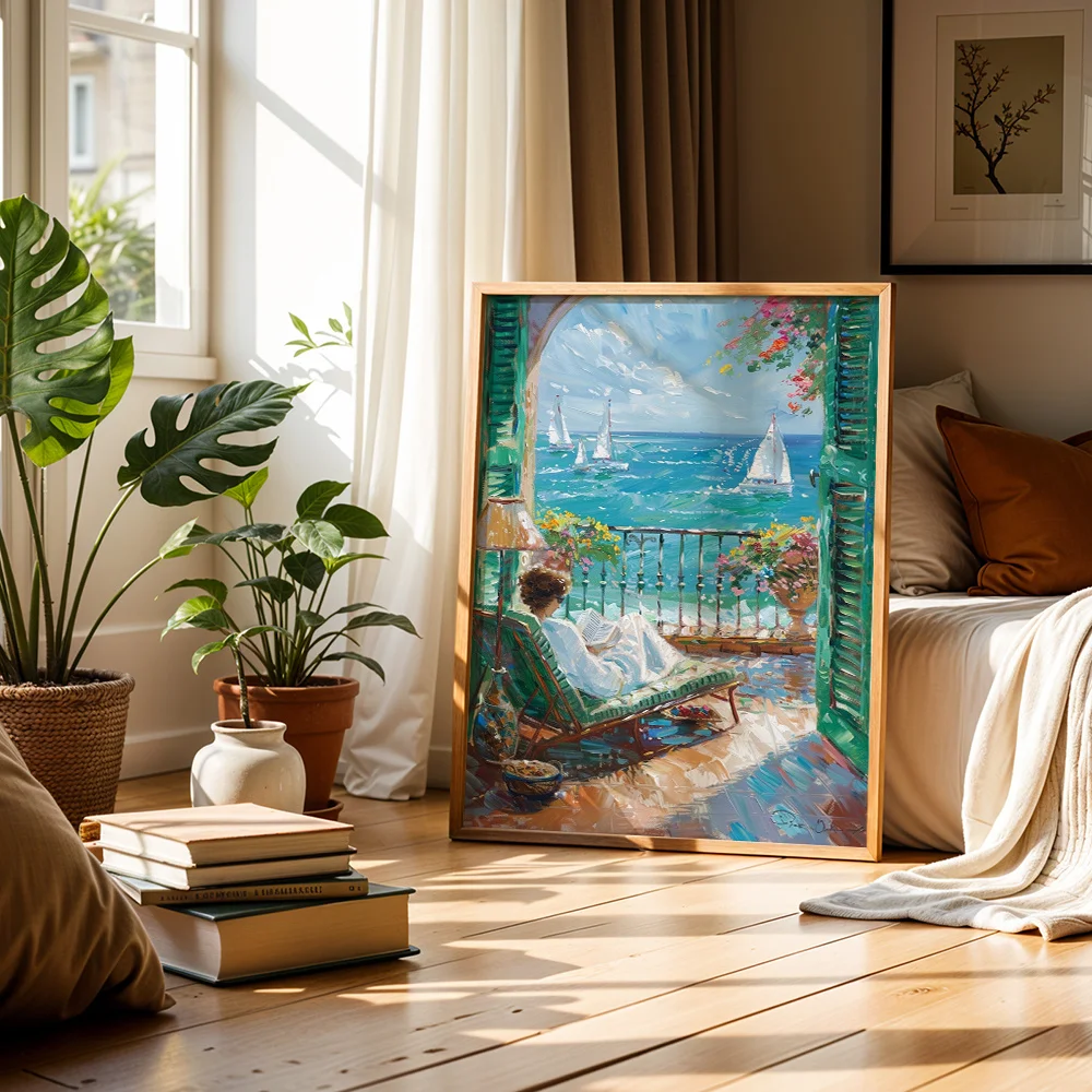Mediterranean Balcony Reading Figure Canvas Wall Decor Picture, 2D Printed Oil‑painting Style Poster Wall Art, Vintage Home Deco