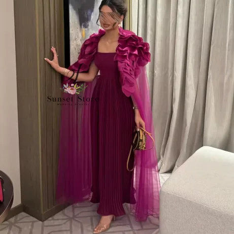 

Customized High Quality A-Line Ankle Length Strapless Chiffon shawl Pleats Evening Dress Modern Photo Color فساتين سهر