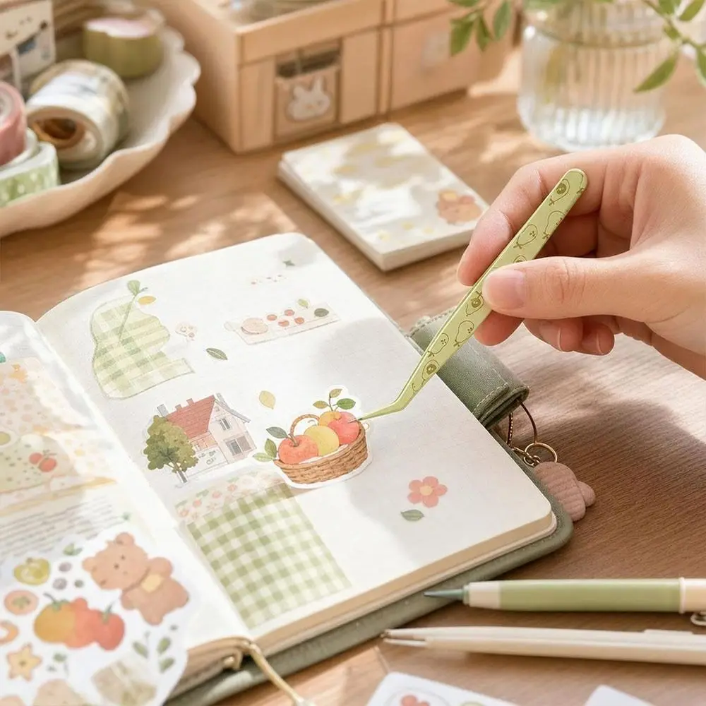 Stainless Steel Curved Stickers Tweezers High Precision Anti-static False Eyelash Tweezers Cartoon Fruits With Leather Case