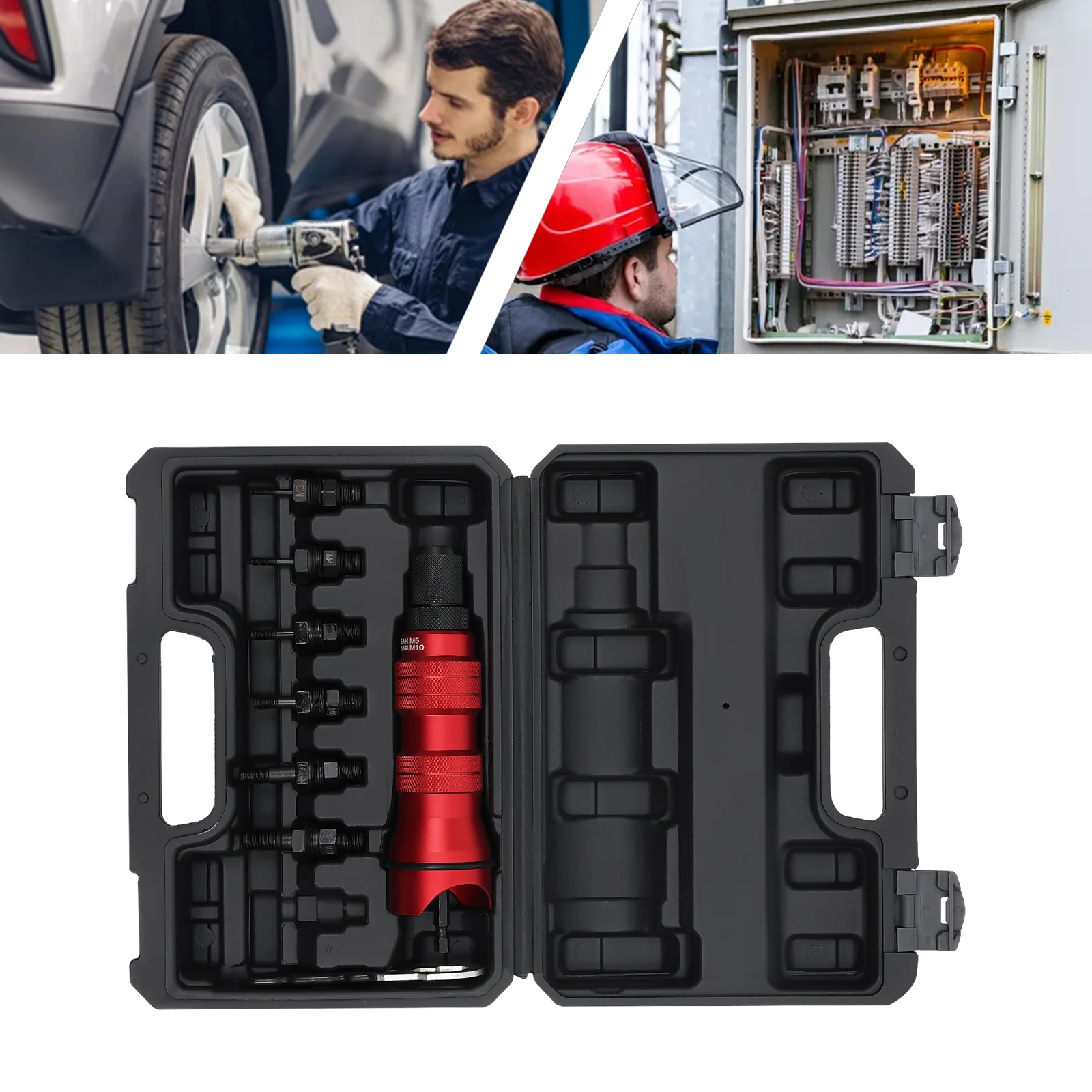 Image of Nietmuttern-Werkzeugsatz, professioneller Nietadapter Fortum 4770651, Montageschlüssel für Mundstücke, 6 Mundstücke