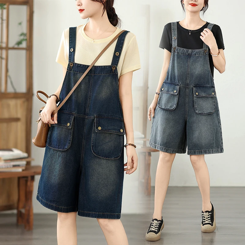 

plus Size Women's Casual Harem Pants Summer New Loose Denim Suspenders Shorts Straight Leg Jeans Artistic Style Natural Waist