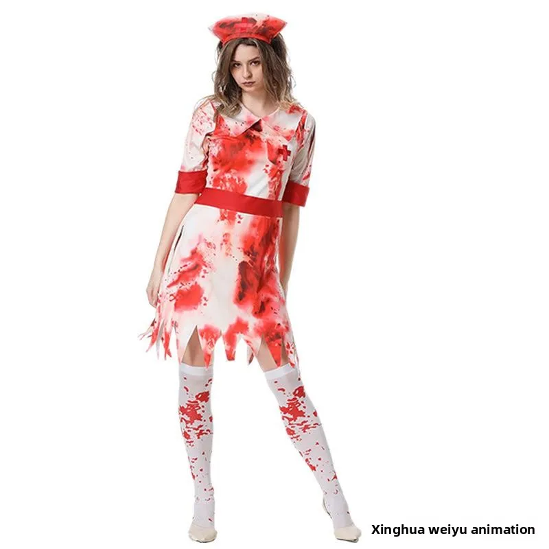 ชุดคอสเพลย์พยาบาลเปื้อนเลือดสำหรับงานฮาโลวีน ขายดี ชุดแฟนซีสำหรับผู้หญิง ชุดการแสดงแนวชาติพันธุ์