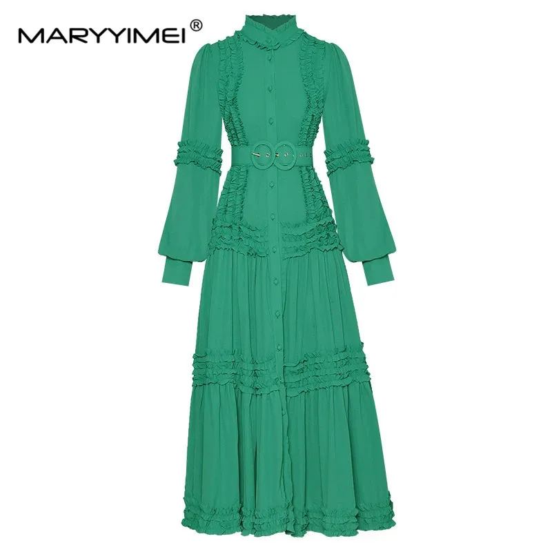 MARYYIMEI Fashion Designer dress Autumn Women Dress Stand Collar Lantern Sleeve Wood ear edge Sashes Solid Dresses