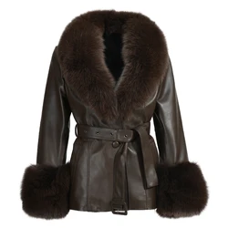 Jaxmonoy Women's Genuine Leather Trench Coat with Real Fox Fur Collar Ladies Sheepskin Coat Fall Winter Outerwear Female Fashion