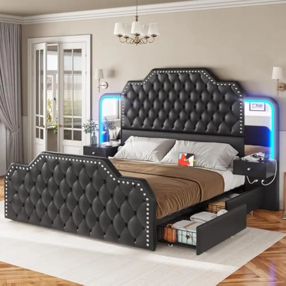 Queen Platform Bed Frame with 53 Inch Tall Upholstered Headboard, Four Smooth-Glide Storage Drawers, Integrated USB-C Charging H