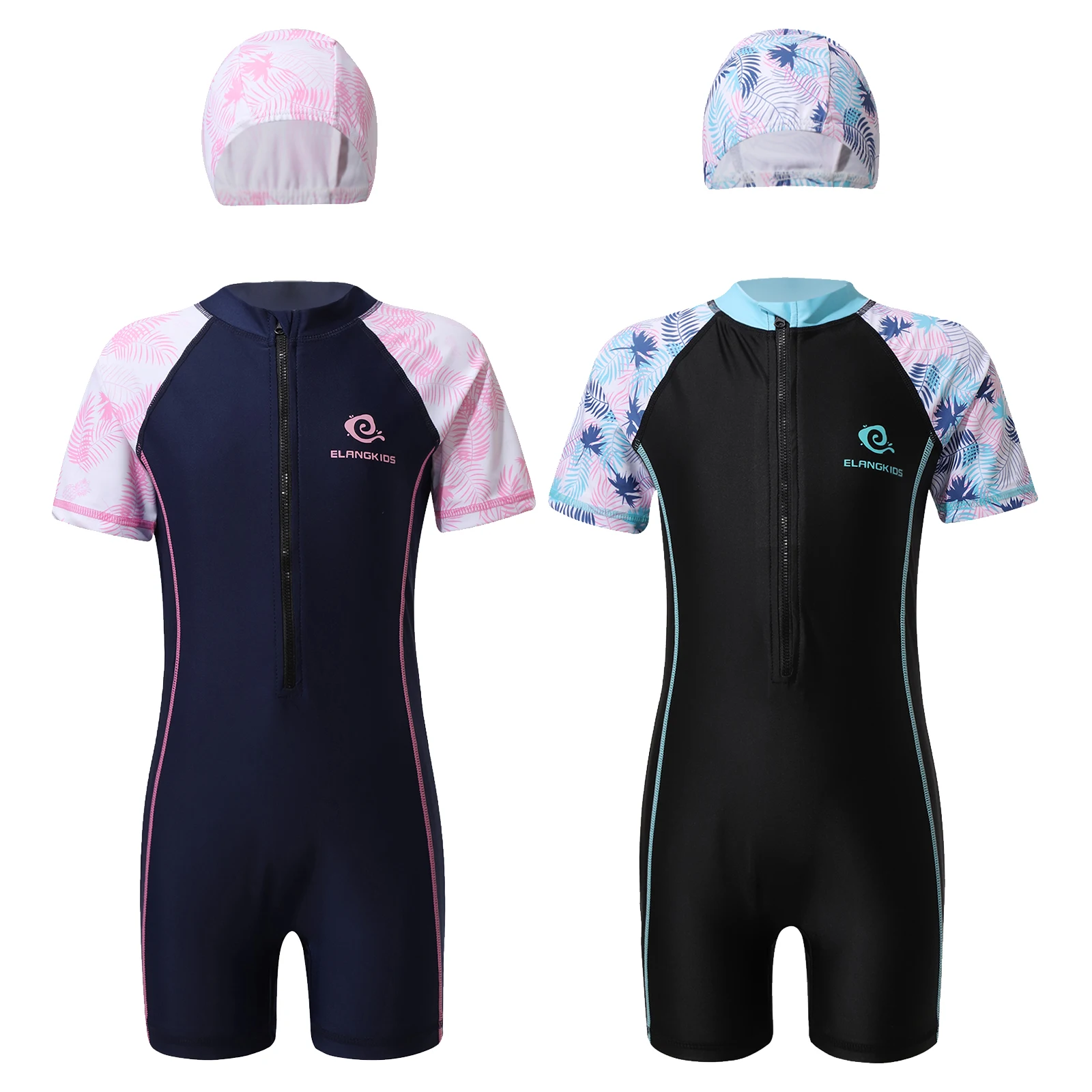 Kids Girls One-piece Swimsuit Rash Guard Short Sleeve Jumpsuit Athletic Swimwear with Hat Surfing Bathing Training Beachwear