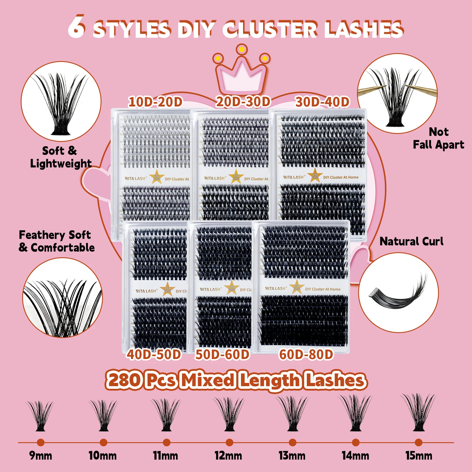 Ritalash DIY Wimpern verlängerung skit, 280 Stück Wimpern cluster mit Wimpern bindung und Versiegelung, Mascara Brush Cluster Wimpern kleber entferner, Wimpern ap