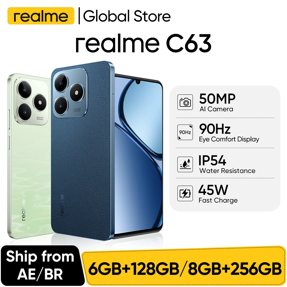 realme C63 6.75'' 90Hz Eye Comfort Display 32MP AI Camera 5000mAh IP64 Waterproof 45W Fast Charge AI Boost Engine Dynamic RAM