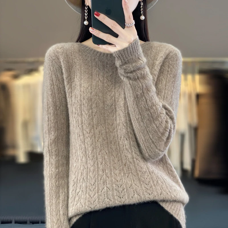 Spring Autumn Women 100% Merino Wool Sweater O-neck Wheat Ear Pattern Hollow Out Pullover Casual Knit Soft Bottoming Top