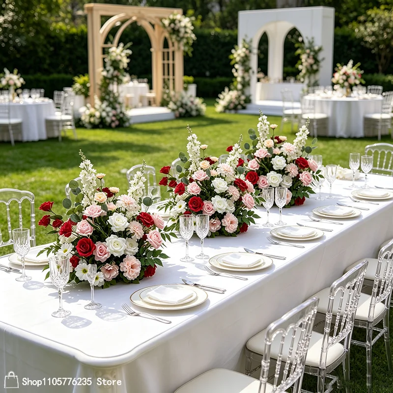 Künstliche rote, rosa, weiße Rosen, Pfingstrosen, Rittersporn, Hochzeitstisch-Mittelstück, Blumenarrangement, Bankett-Esstisch, Heimdekorationsstück – Detail 1