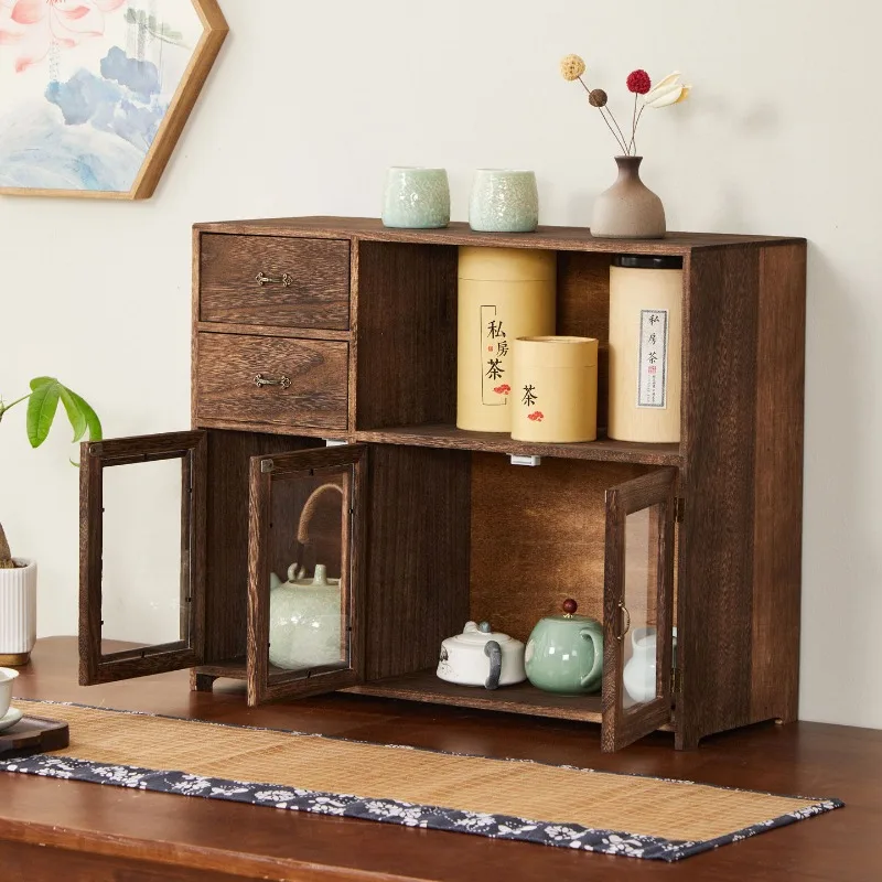 Tabletop Display Shelf Tea Storage Rack Glass Door Dustproof Curio Cabinet Multi-compartment Wood Organizer for Tea Cup