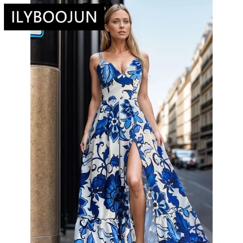 

ILYBOOJUN Colorblock Printing Formal Dress For Women V Neck Sleeveless High Waist Split Temperament Dresses Female Clothes