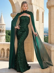 Strapless Halter Sequined Evening Maxi Dress Chiffon Flying Sleeve Luxury Prom Gown for Women