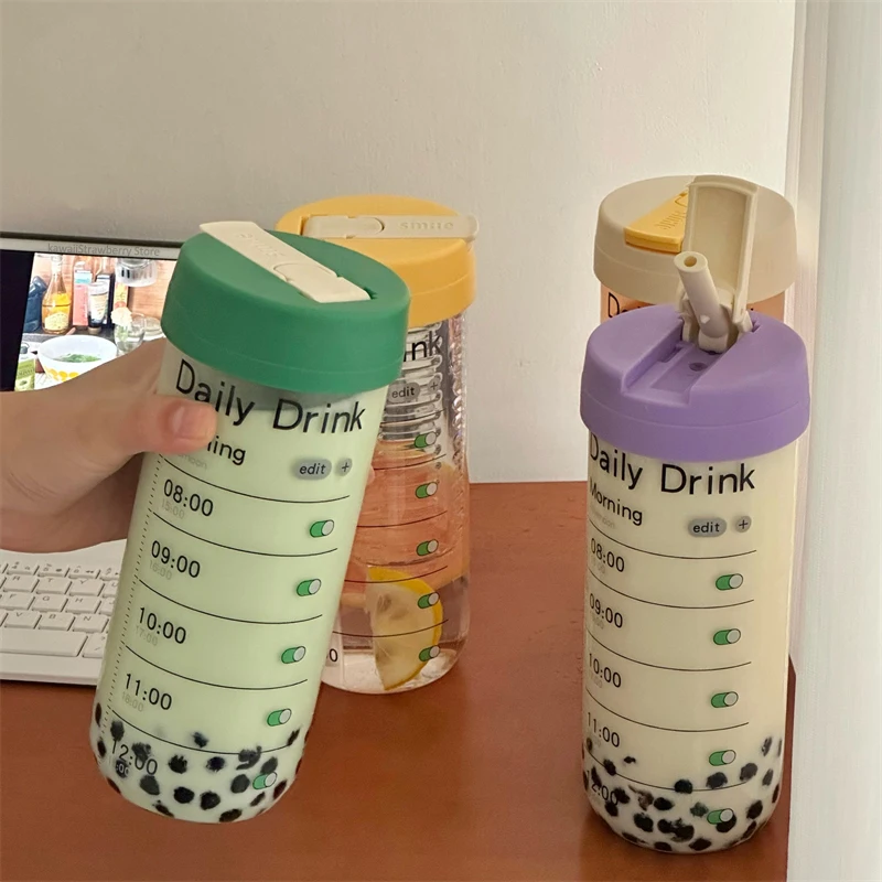 

Glass Water Bottle With Time Marker Straw Infuser Cute 700ml Coffee Tea Juice Portable Girl School Drinking Bottle BPA Free Gift