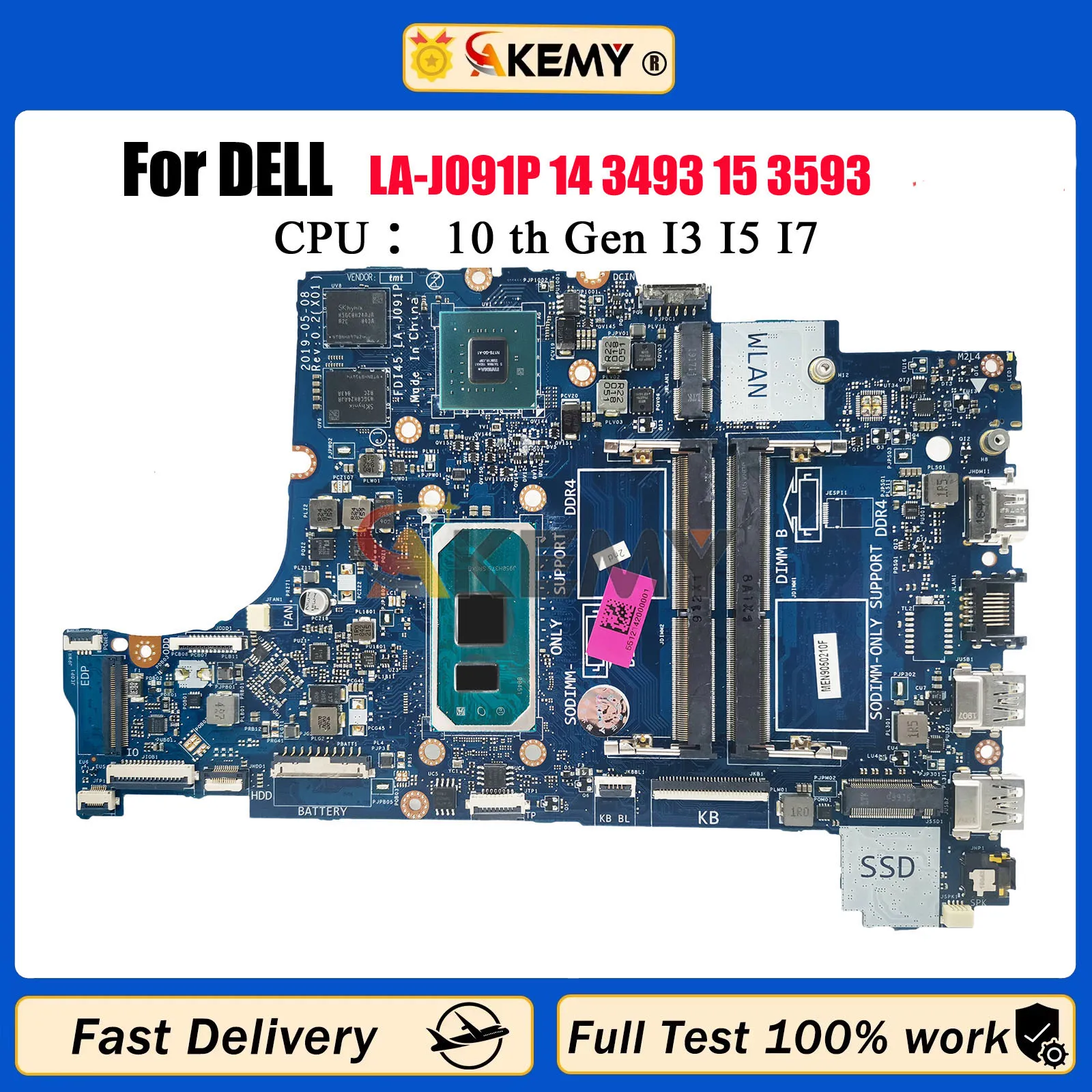 

Материнская плата для ноутбука Dell Inspiron 3493 3593 5493 5593 LA-J091P LA-J092P CN-050RDR 035VMP 0N18YD i5 i7 10-й тест ОК
