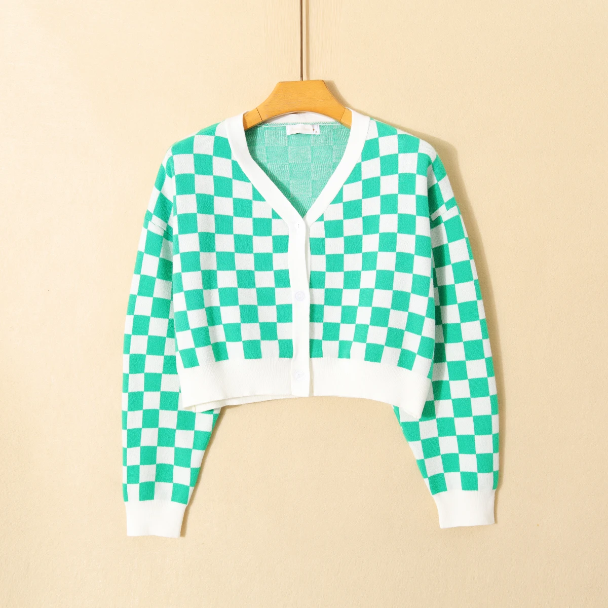 Cárdigan Abierto de Punto con Cuello en V y Estampado Retro a Cuadros para Mujer, Color Blo, Corto, Hoado, Informal, Cómo...