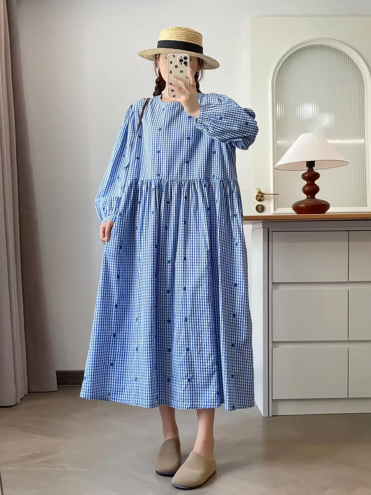 Bust 118cm mori girl autumn Japanese style sweet cotton yellow blue check embroider loose dress autumn women's plaid dress