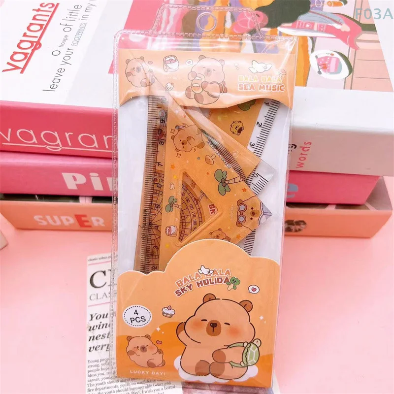 4pcs/set Creative Acrylic Capybara Set Of Rulers Drawing Tools Cute Cartoon Soft Ruler Set Office Supplies Set Square