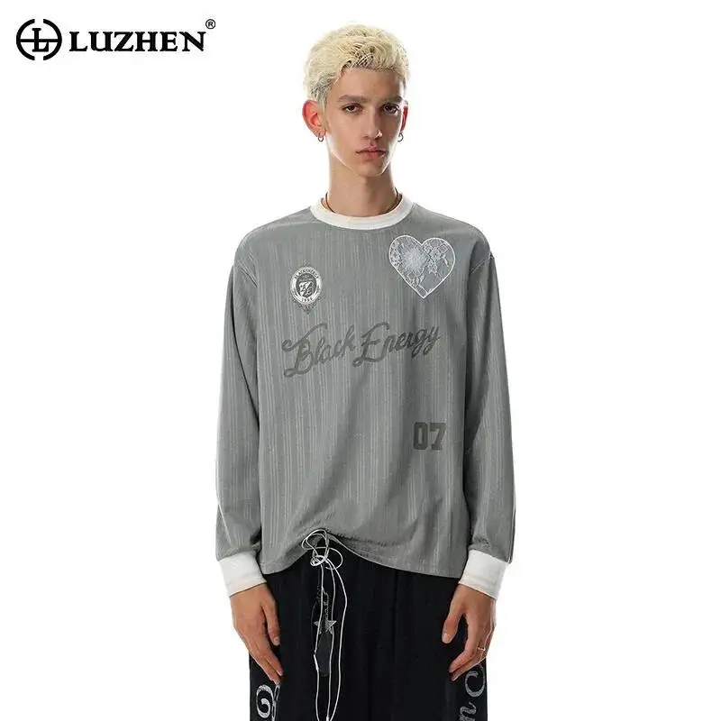 LUZHEN 2026 New Letter Printed Splicing Round Neck Stripe T-shirts Men's Fashion Handsome Casual Long Sleeve Male Clothes JY7954