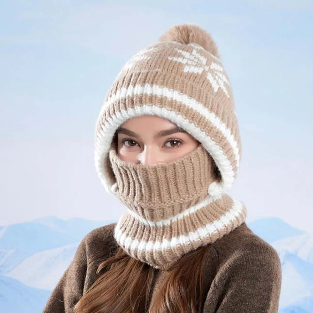 Fleece-gefütterte Strick-Balaclava-Mütze mit Schneeflocken-Jacquard, dick, warm, integrierter Schal, weiche, vollständig bedeckende Winter-Beanie-Maske – Detail 9