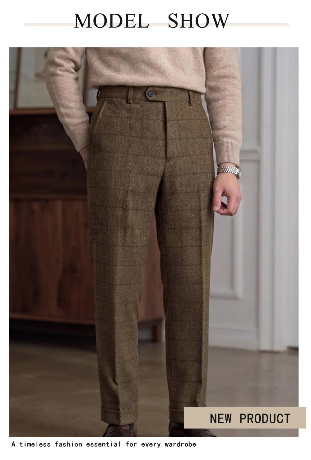 Herren-Anzughose mit Hahnentritt-Muster für Herbst und Winter, Business-Bürohose mit Neapolitan-Knopfleiste und geradem Bein – Detail 2