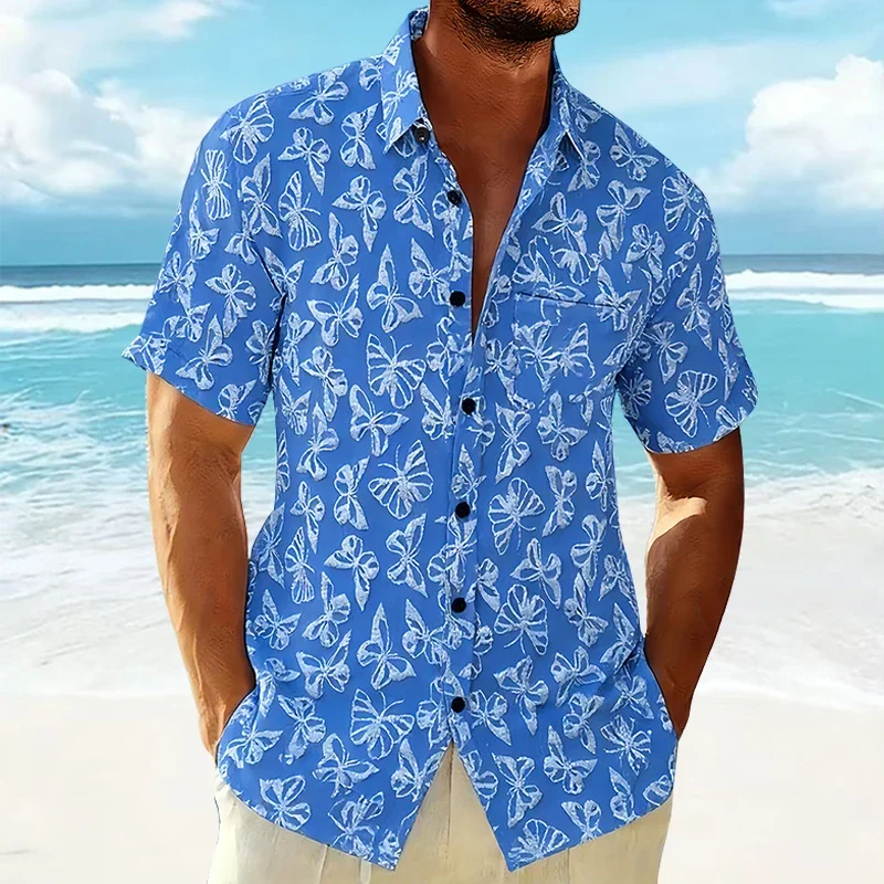 Men's Shirts Butterfly Jacquard Camisas Hawaianas De Hombre Hippie Tops for Summer 2026 Men Short Sleeve Loose Beach Shirt Homme