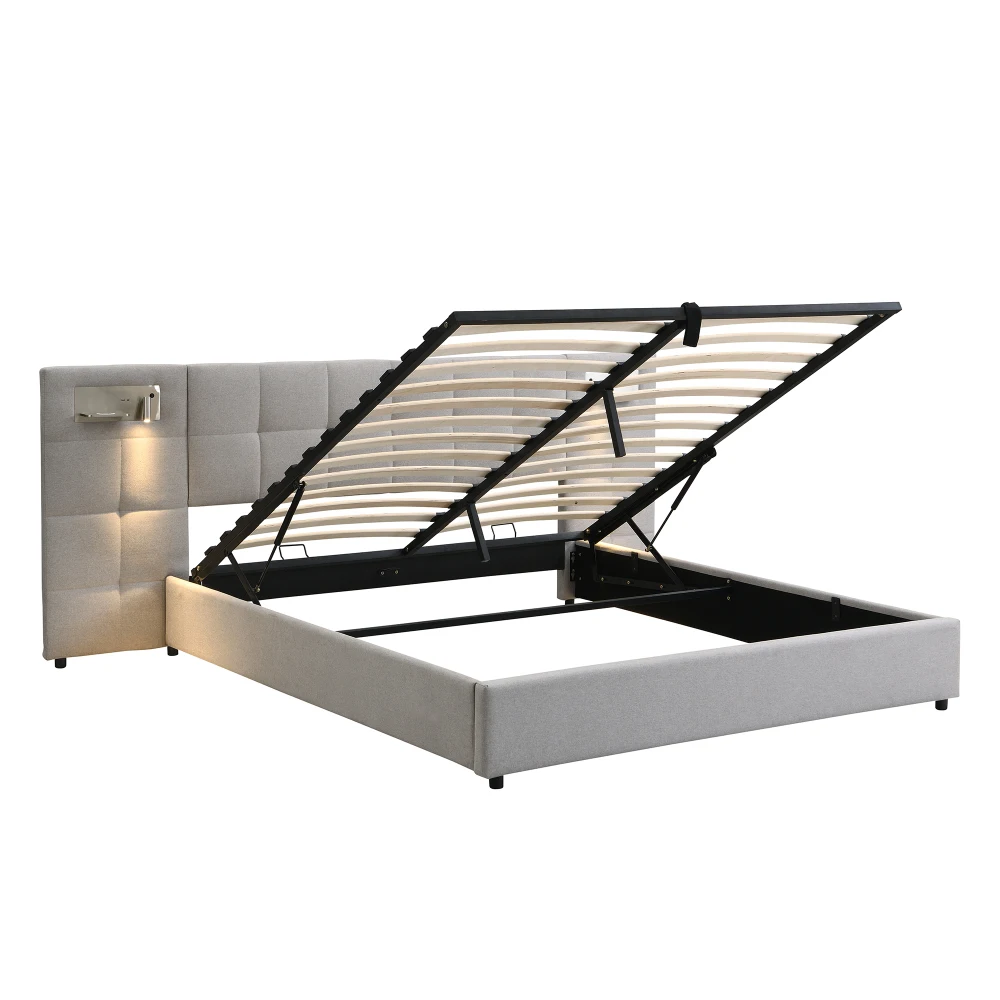 180 X 200cm Upholstered Bed, Hydraulic Bed ,with USB Port & Wireless Charging & Illuminated Lamp, Wooden Tray Support, Linen