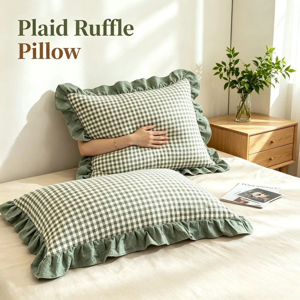 48x74CM Washed Cotton Pillowcase Home Bedding Super Soft Plaid Pillow Cover Ruffled Case Dorm Girl Room Decoration 2PCS Set