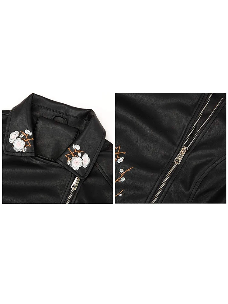 Giolshon Autumn Flowers Embroidery PU Leather Jacket Women Slim Turn-Down Collar Outerwear Zipper Moto Biker Coats Tops Clothes