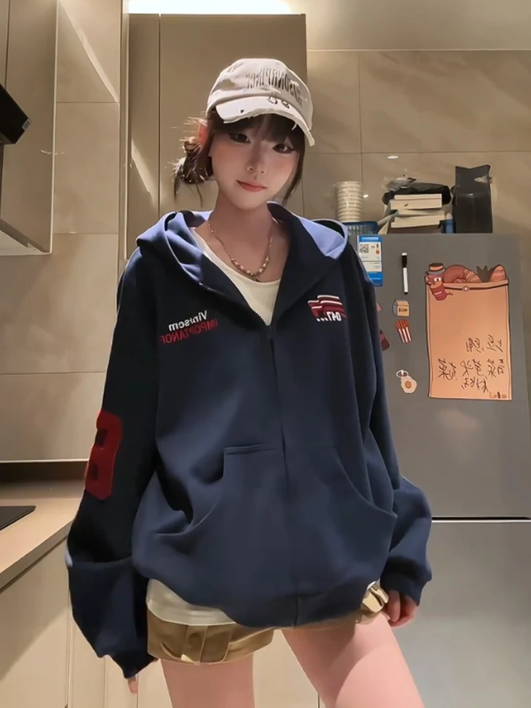 Schwere bestickte Kapuzen-Opencardigan-Sweatshirt Damen Frühling Herbst Sport Reißverschluss Jaet Street Sle Retro American Trendy