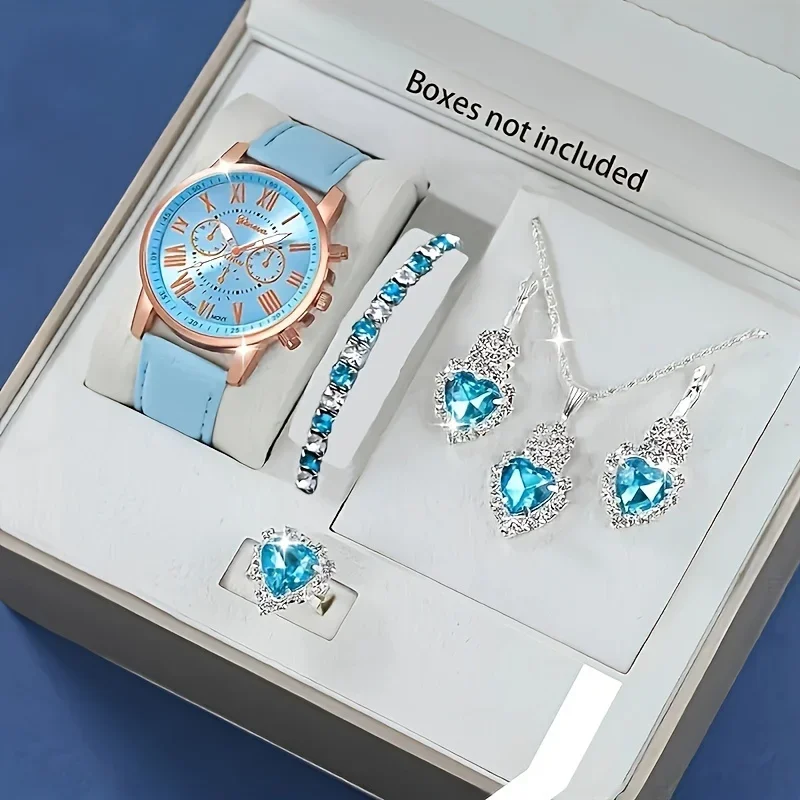 Fashion quartz watch and jewelry set, shock resistant circular analog digital display screen, PU leather strap
