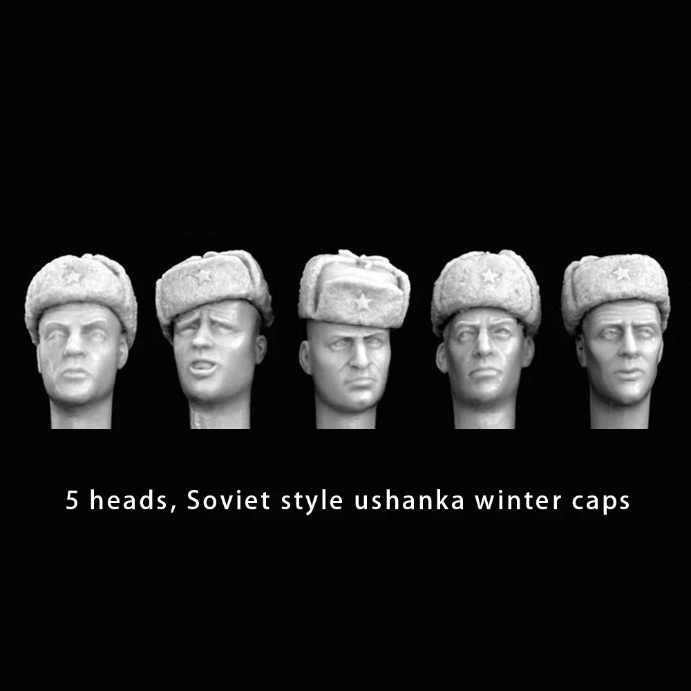 1/35 5 heads, Soviet style ushanka winter caps, Resin Model figure soldier, Military themes, Unassembled and unpainted kit