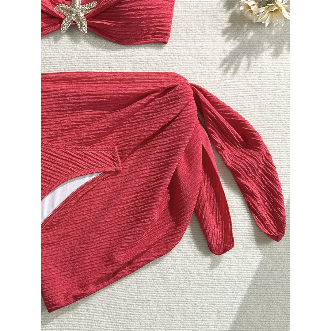 3-teiliges Set mit Sarong, Metallstern-Halterneck-Bikini, Damen-Badeanzug, Damen-Badebekleidung, dreiteiliges Bikini-Set, Badeanzug, Badebekleidung, Schwimmbekleidung V7042 – Detail 32