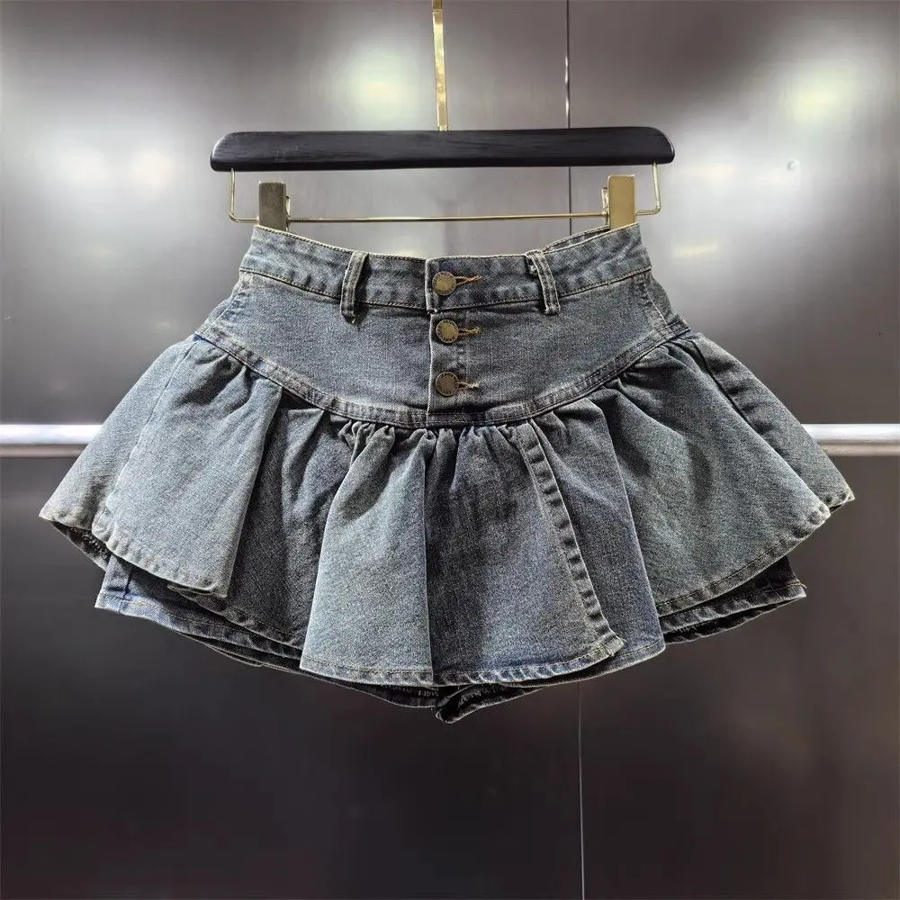 

Summer Spring Cake Mini Ruffle Kawaii Denim Skirt Harajuku Girl High Waist Single-Breasted A Line Jeans Students Pleated Skirts