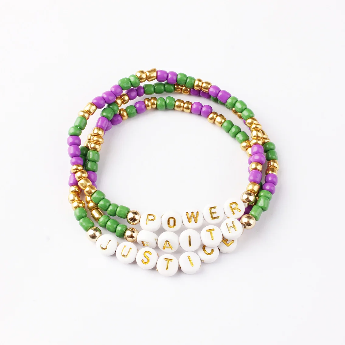 1 piece Mardi Gras Stretchy Bracelets Gold Green Purple Beads POWER FAITH Saying Charms Braelets for Women