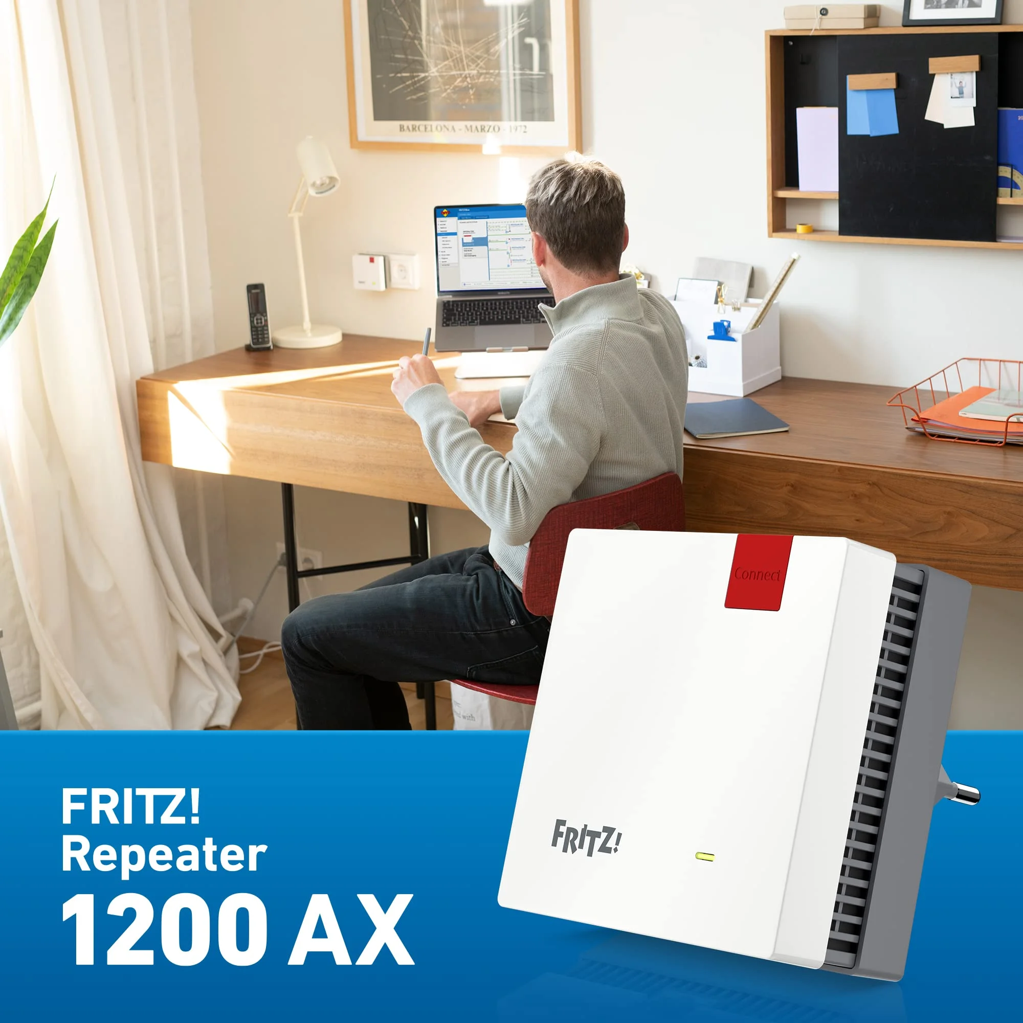 Fritz! مكرر 1200 AX (واي فاي 6 مكرر مع وحدتين راديوين: نطاق 5 جيجا هرتز (حتى 2,400 ميجابت/ثانية)، نطاق 2.4 جيجا هرتز (حتى 600 ميجابت
