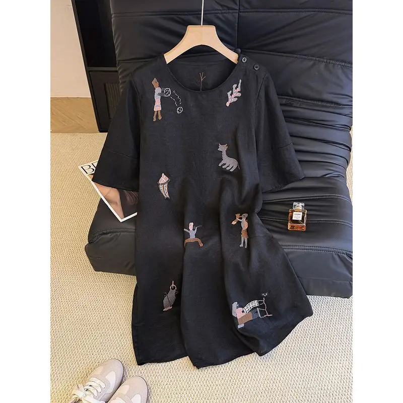 Vestido retrô de linho bordado com manga de cinco quartos estilo chinês solto simples gola redonda pulôver vestidos de camiseta