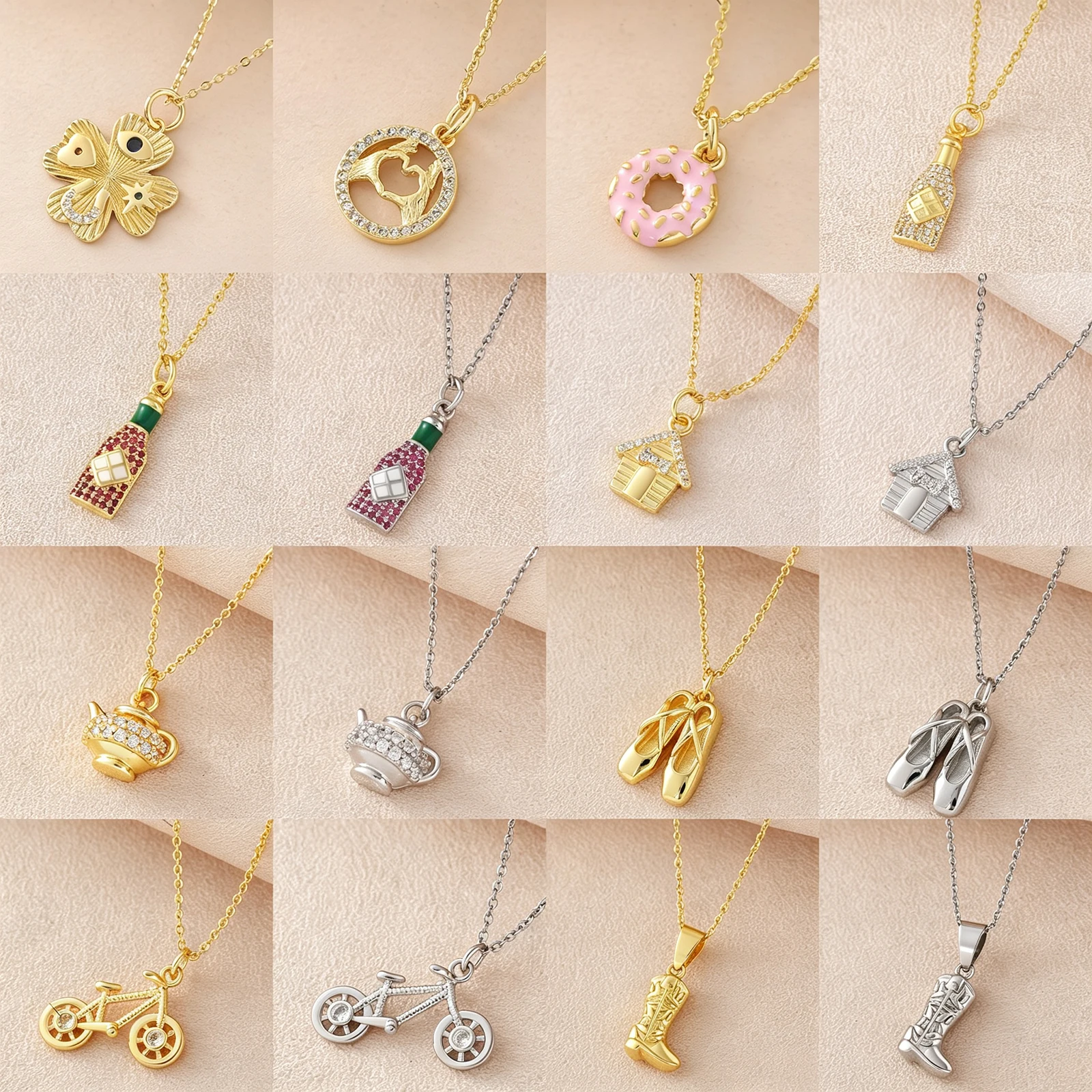 MHS.SUN 5pcs/Lot Cubic Zircon Cowboy Boots/Ballet Shoe/Slipper Pendant Necklaces Gold Plated Chain Jewelry for Women Men