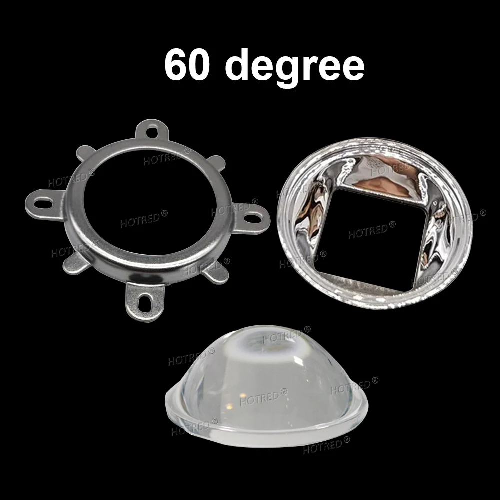 1 Juego de lentes LED de 44mm con enfoque de vidrio óptico de 60 y 120 grados + colimador reflector de 50mm + soporte fijo para LED COB de 20W 30W