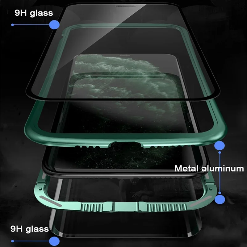 360 Metal Magnetic Adsorption Case For iPhone 16 15 14 13 12 11 Pro XS Max Double-Sided Glass Case For iPhone 8 Plus X XR Cover