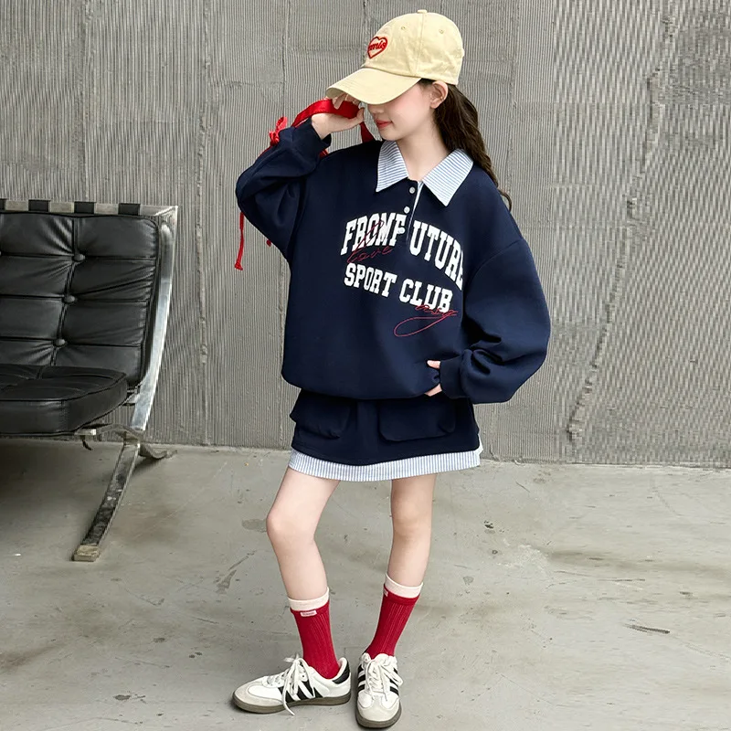 

Autumn School Girls 2pcs Outfit Letter Printed Turn Down Collar Sweatshirt+Skirt 4-14Y Girl Set Striped Patchwork Kid Girl Suits