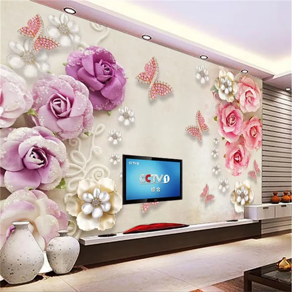 Custom Photo 3D Fresco Wall Sticker Purple Diamond Butterfly Flower Background Wallpaper for Home Decor