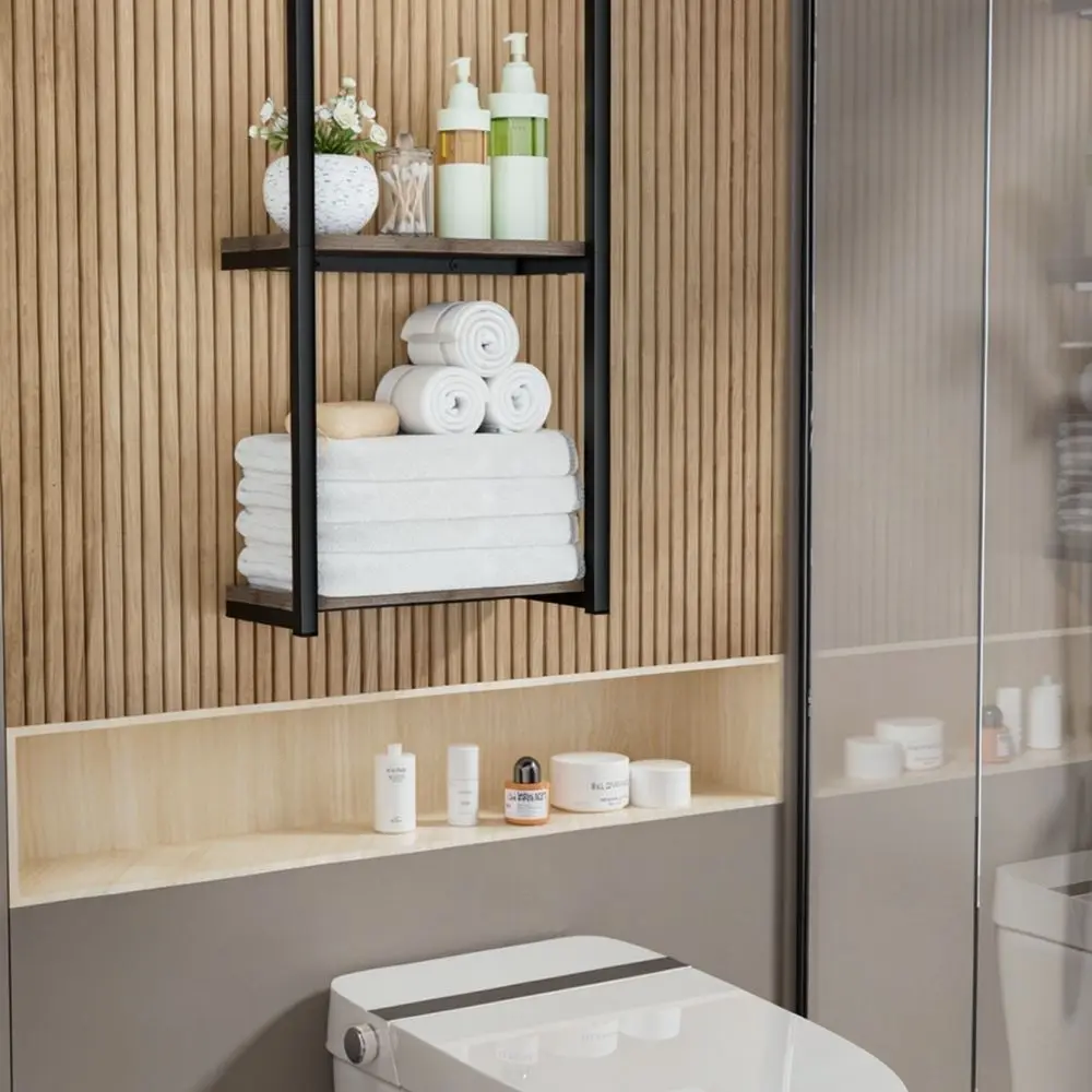 Modern Double Layer Wood Wall Shelf Bathroom Storage Organizer Rack Toilet Towel Holder Home Decor Furniture