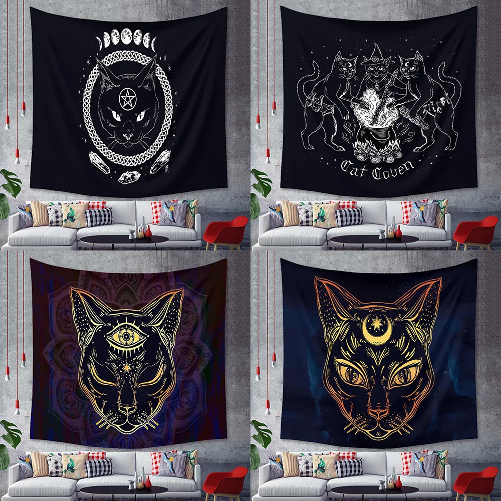 Tapiz de gato negro para decoración del hogar, arte de halloween, tatuaje gótico de Luna, colgante de pared, dormitorio, sala de estar, tela de 230x180cm