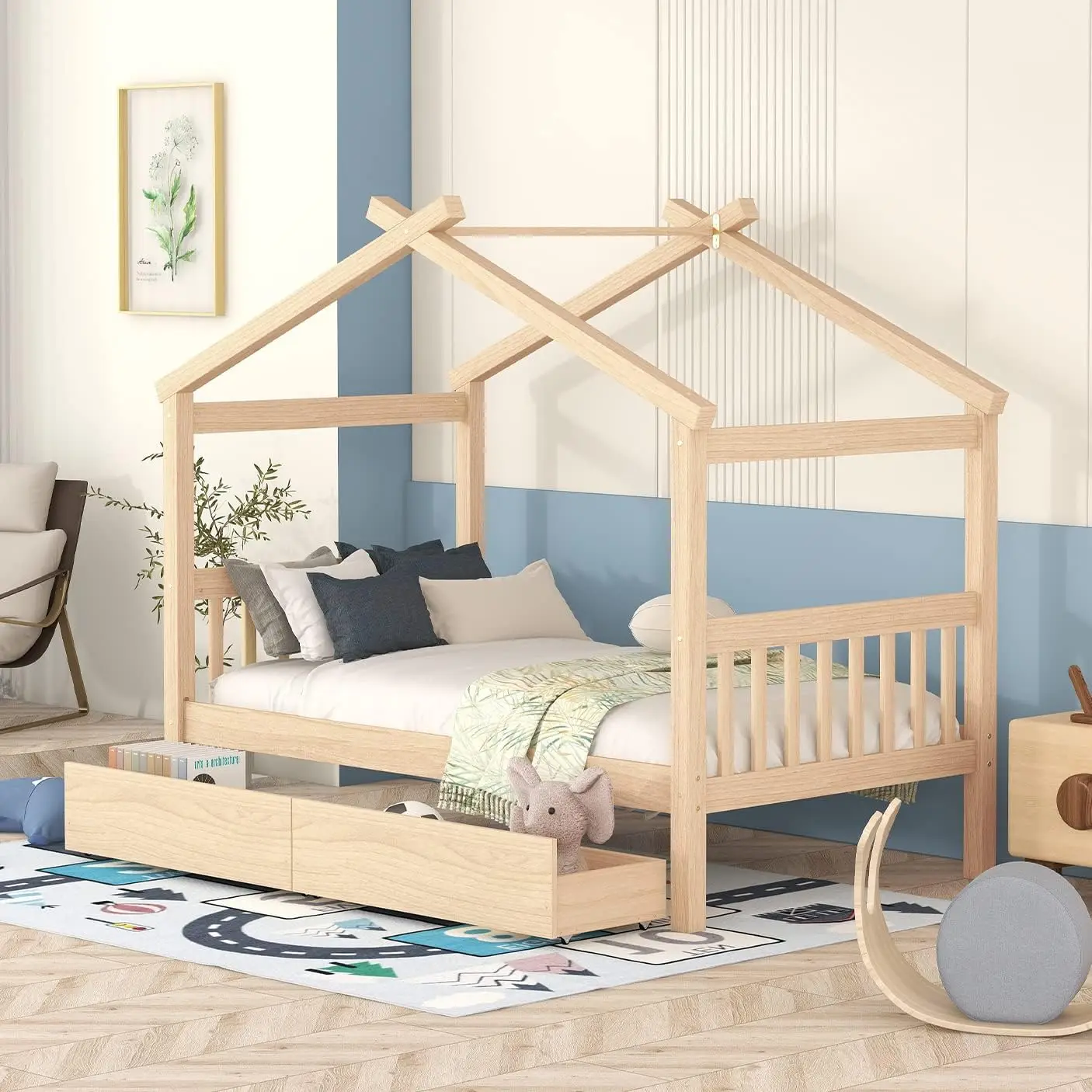 Twin Size Wooden House Bed with Two Drawers Wood Bed Frame with Roof for Kids Teens Boys or Girls Natural